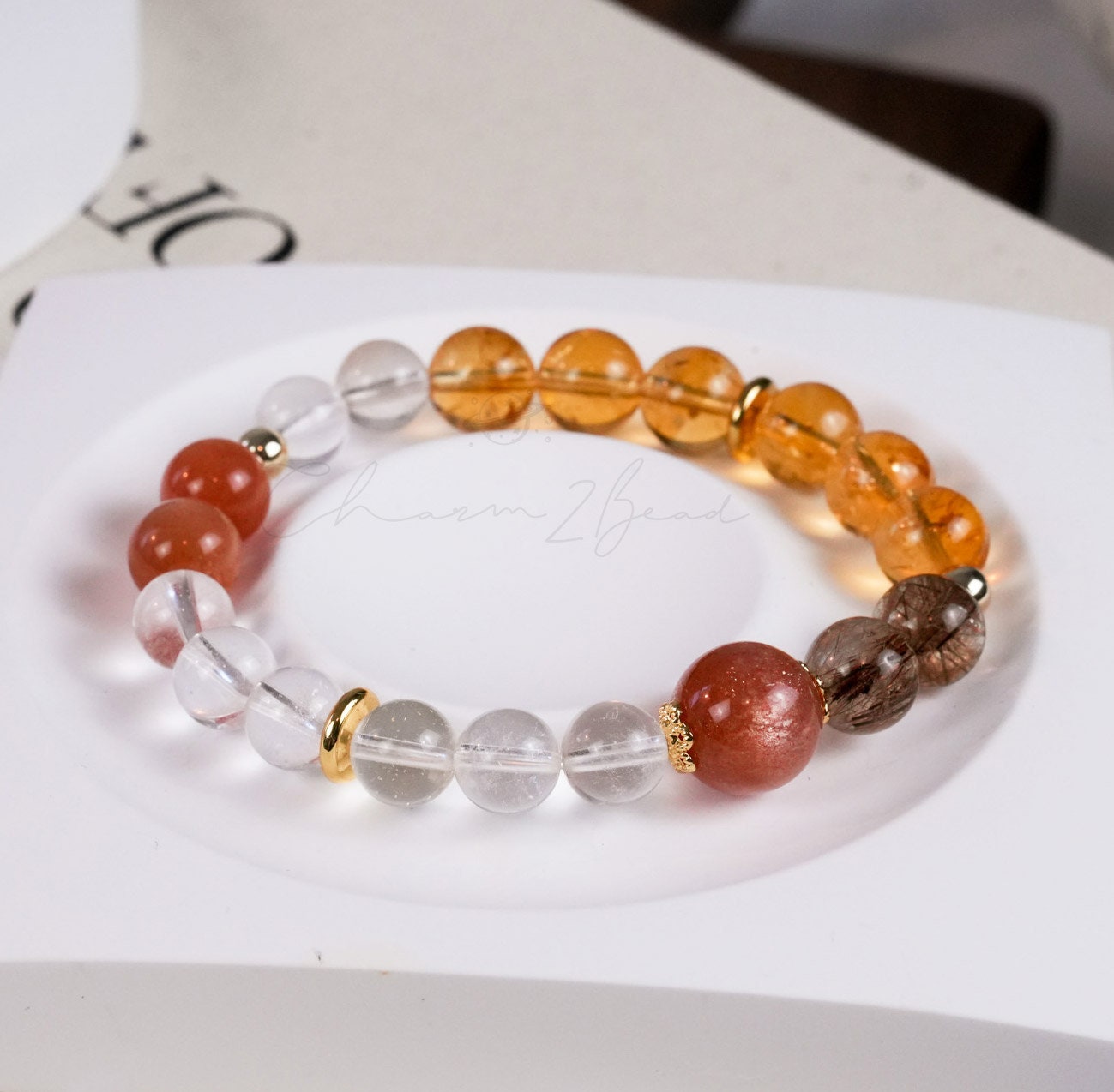 Precious Gemstone Orange & Clear Citrine, Clear Quartz, Peach Moonstone, Rutilated Handmade Original Design Bracelet