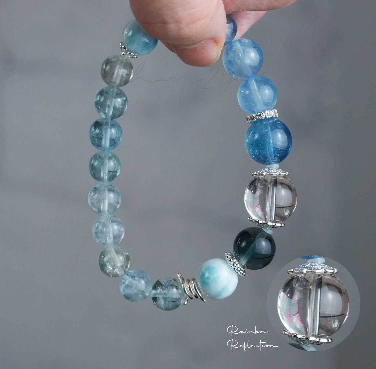 Precious Gemstone "Clear Water" Larimar, Aquamarine, Fluorite, Clear Quarts Handmade Original Design Bracelet
