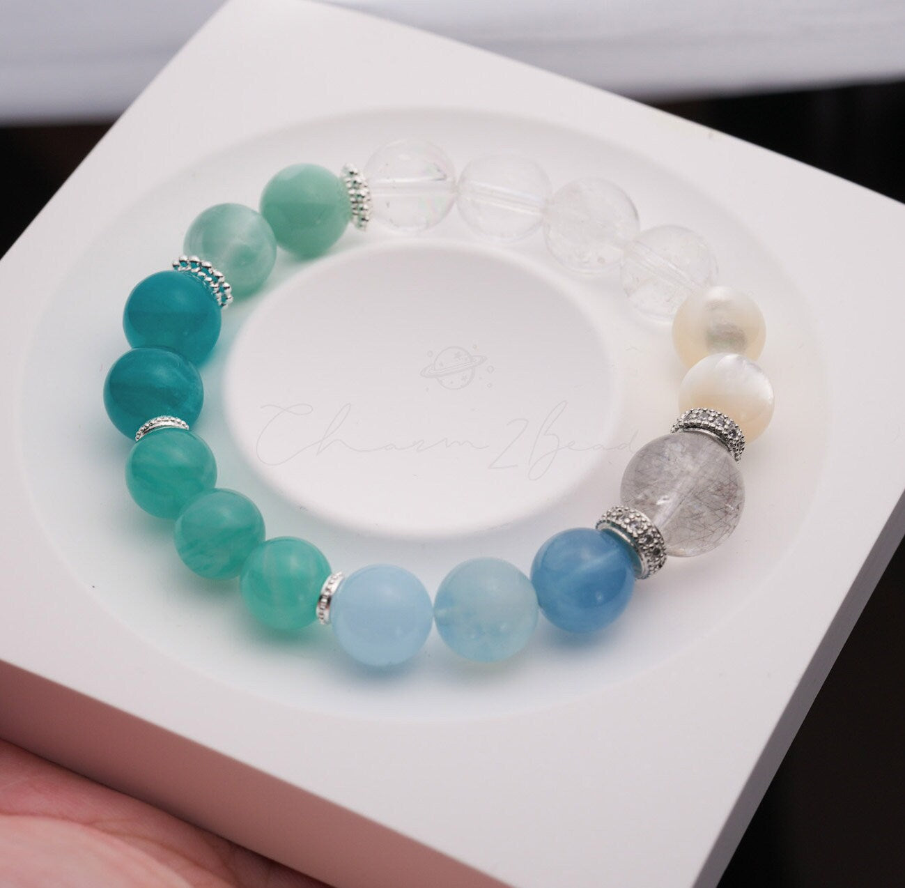 Precious Gemstone Mint & Blue Amazonite, Mother of Pearl, Azeztulite, Aquamarine Handmade Original Design Bracelet