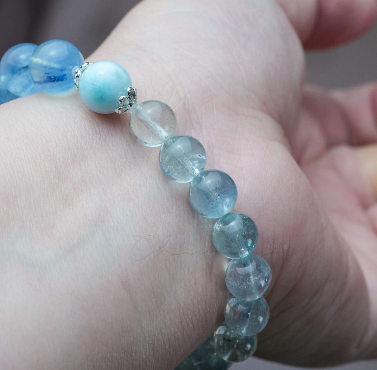 Precious Gemstone "Clear Water" Larimar, Aquamarine, Fluorite, Clear Quarts Handmade Original Design Bracelet