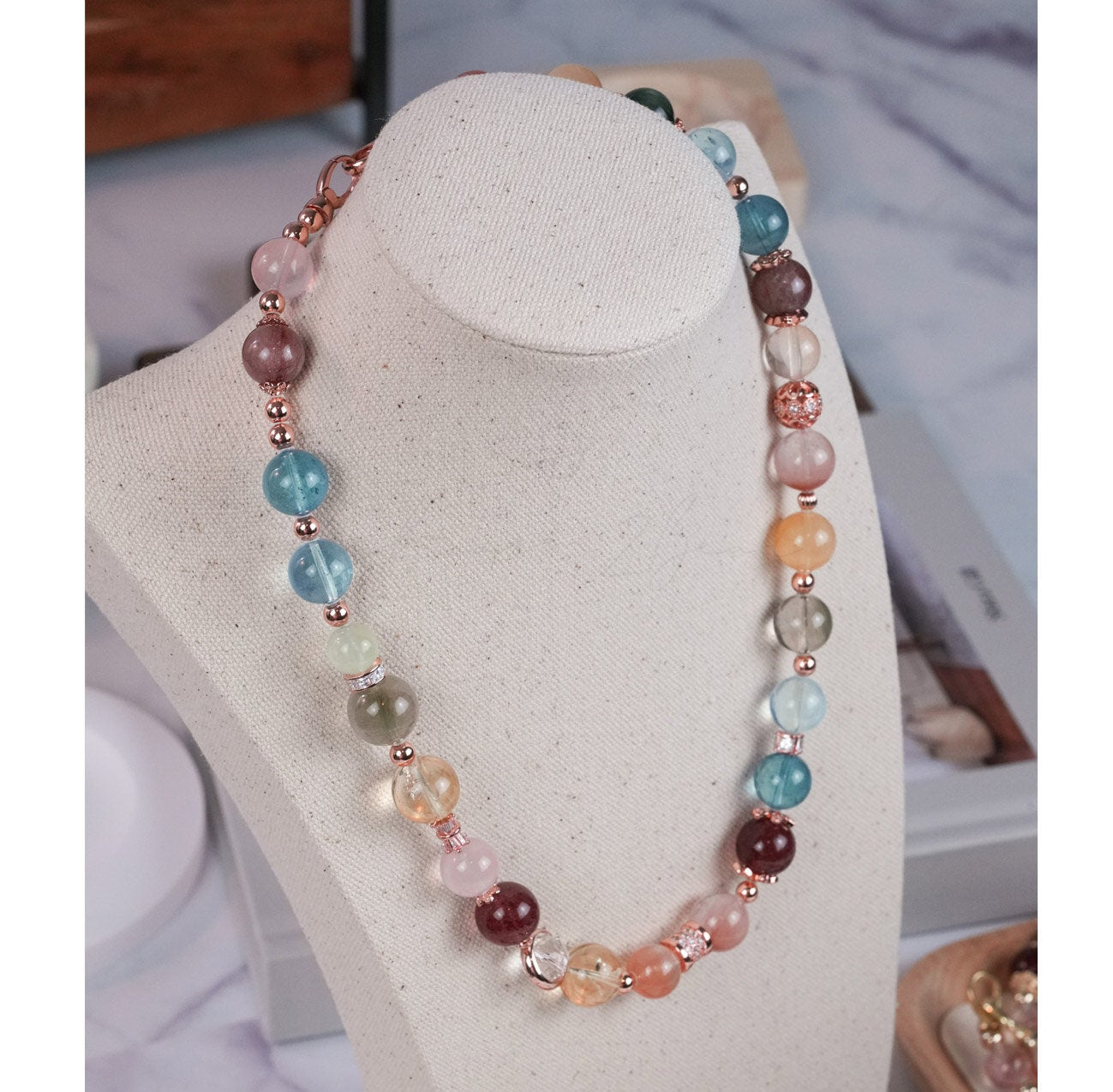 Crystals Necklace with Rose Gold Accent Precious Gemstone Natural Crystals Handmade Original Design Necklace