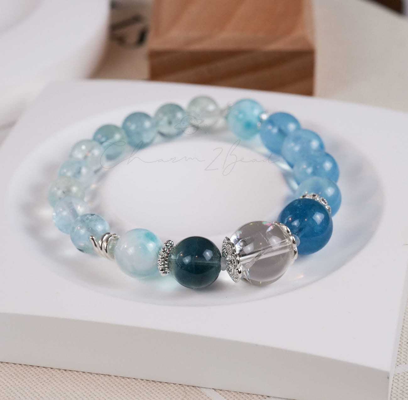 Precious Gemstone "Clear Water" Larimar, Aquamarine, Fluorite, Clear Quarts Handmade Original Design Bracelet