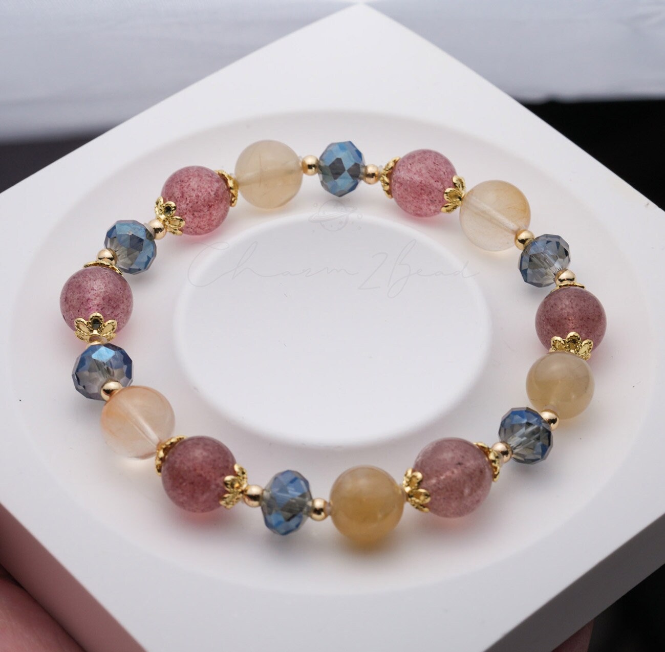Precious Gemstone Pink, Yellow & Blue Strawberry Quartz, Yellow Rutilated Quartz Handmade Original Design Bracelet