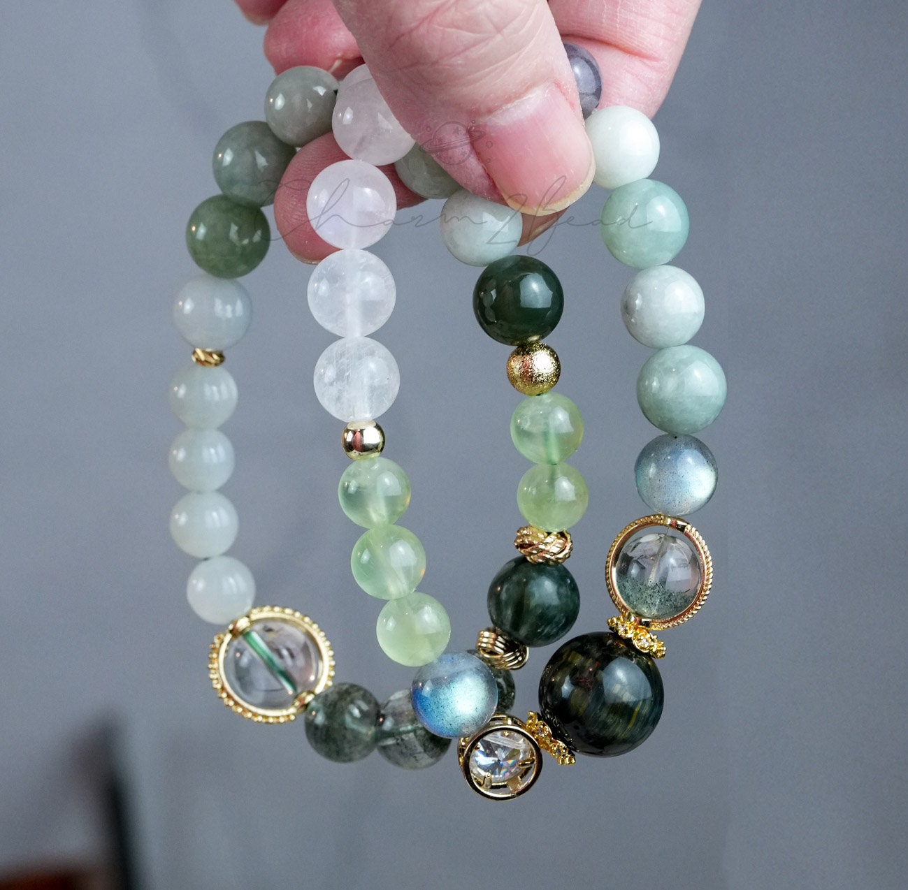 Precious Gemstone Green & White Jade, Moonstone, Tiger's Eye, Green Phantom Handmade Original Design Bracelet