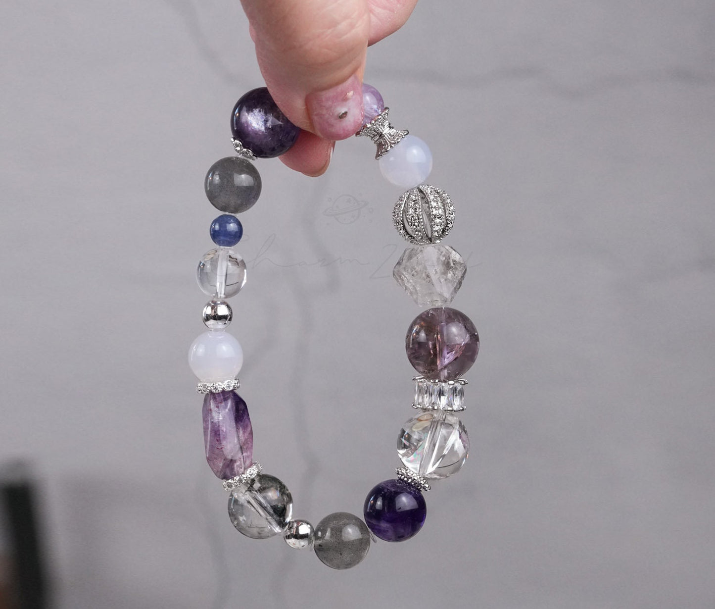 Precious Gemstone Purple & Silver Tanzanite, Purple Amethysy, Herkimer, Azeztulite, Lepidolites Handmade Original Design Bracelet