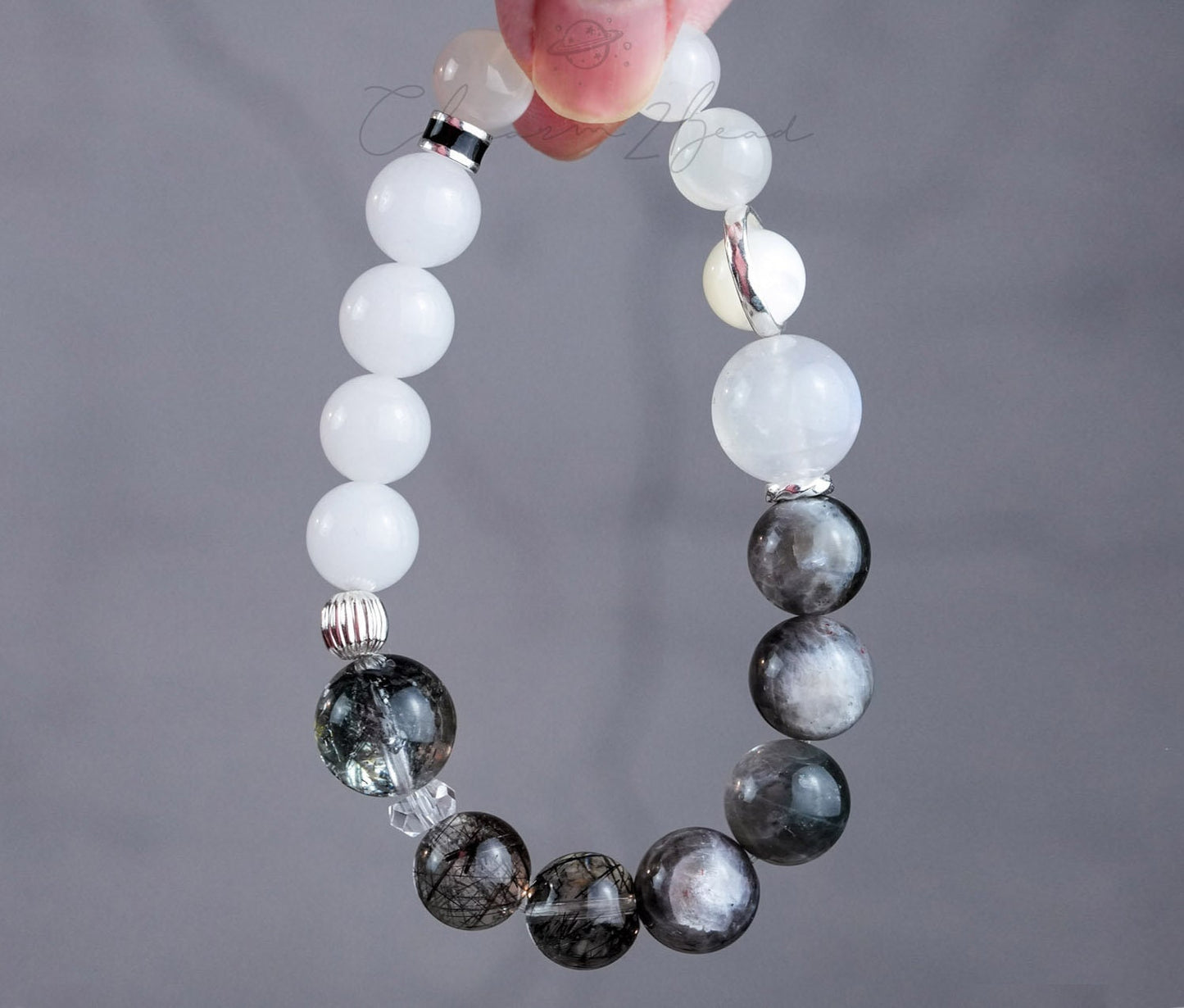 Precious Gemstone Black & White Herkimer diamond, black rutilated quartz, Moonstone Handmade Original Design Bracelet