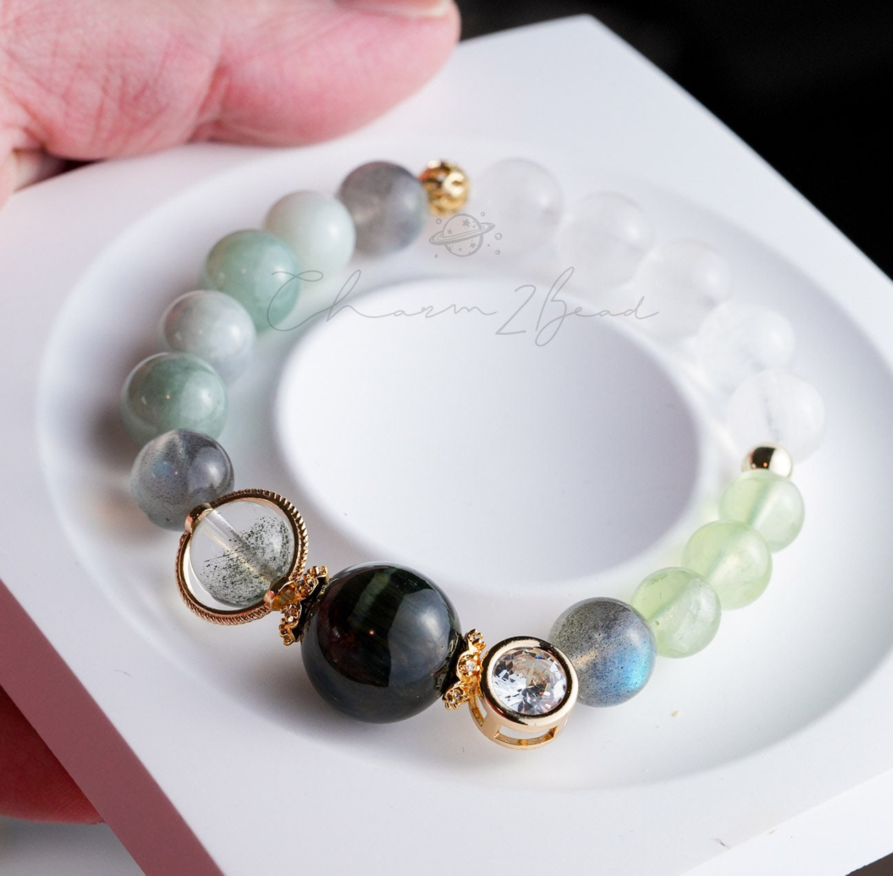 Precious Gemstone Green & White Jade, Moonstone, Tiger's Eye, Green Phantom Handmade Original Design Bracelet