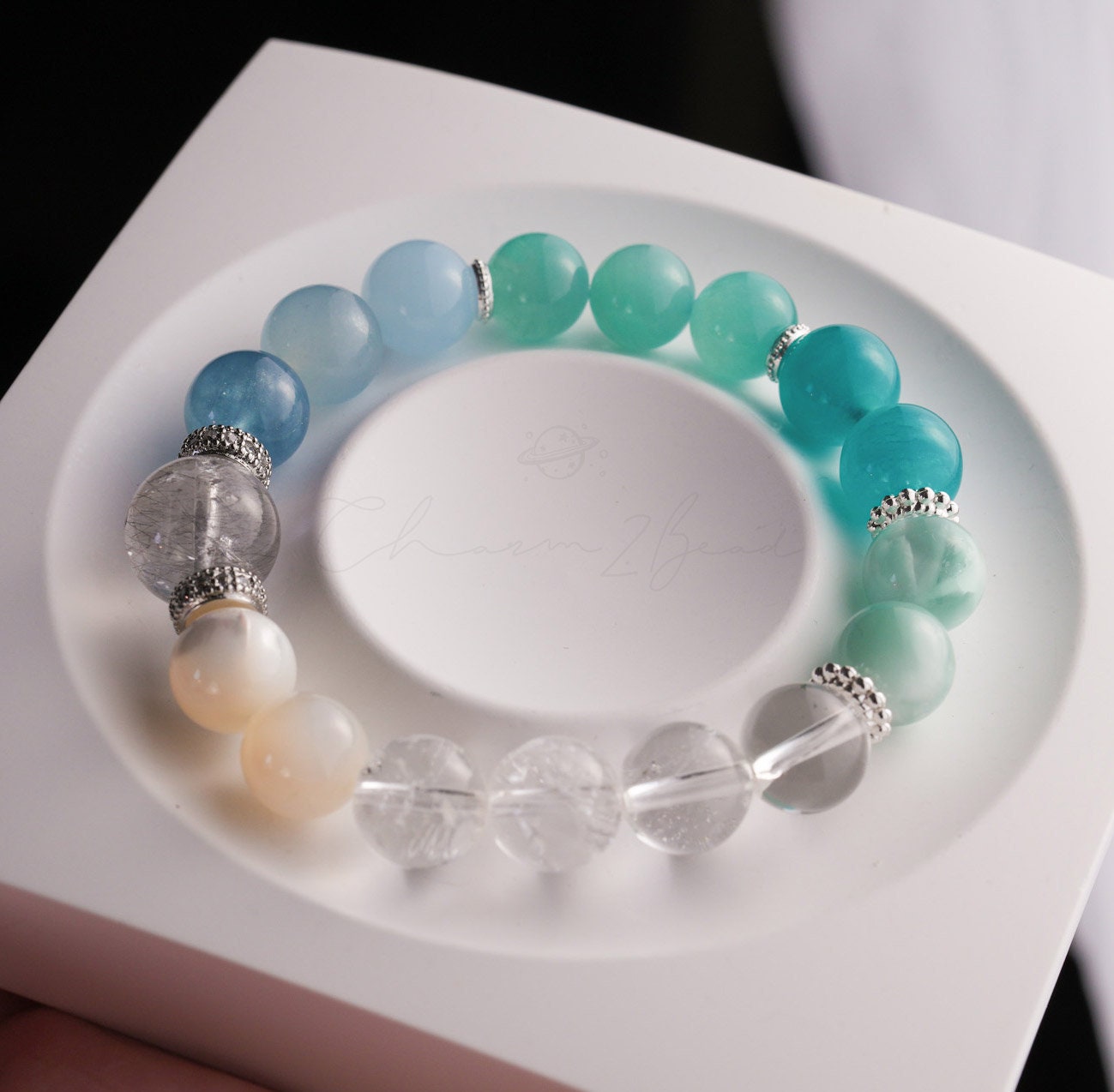 Precious Gemstone Mint & Blue Amazonite, Mother of Pearl, Azeztulite, Aquamarine Handmade Original Design Bracelet