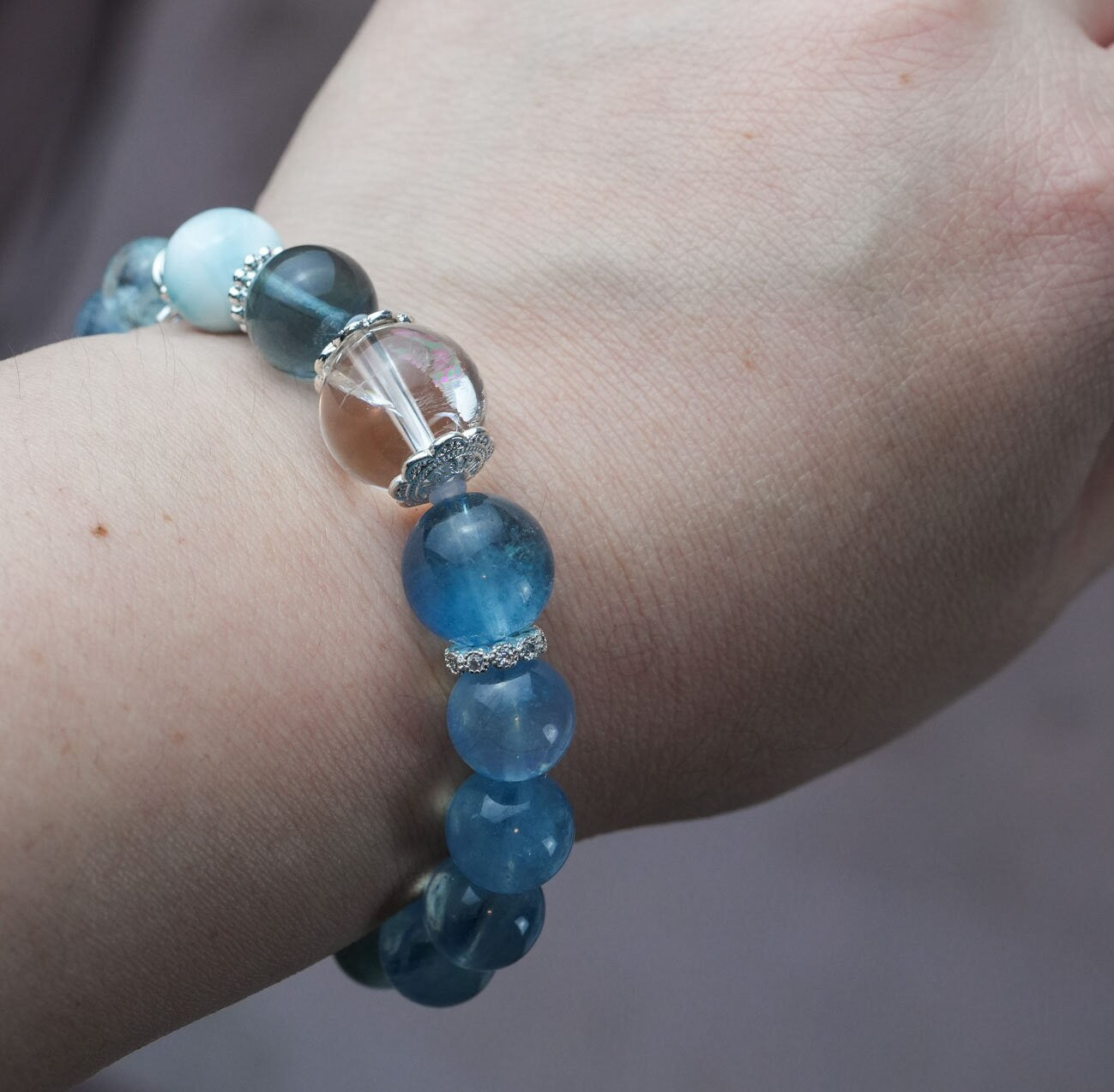 Precious Gemstone "Clear Water" Larimar, Aquamarine, Fluorite, Clear Quarts Handmade Original Design Bracelet