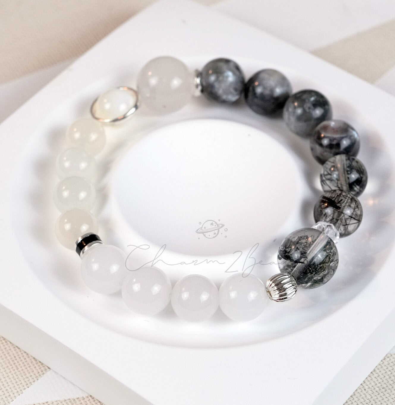Precious Gemstone Black & White Herkimer diamond, black rutilated quartz, Moonstone Handmade Original Design Bracelet