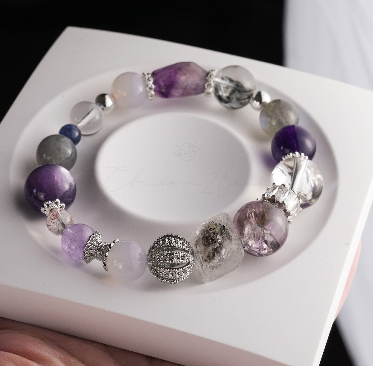 Precious Gemstone Purple & Silver Tanzanite, Purple Amethysy, Herkimer, Azeztulite, Lepidolites Handmade Original Design Bracelet