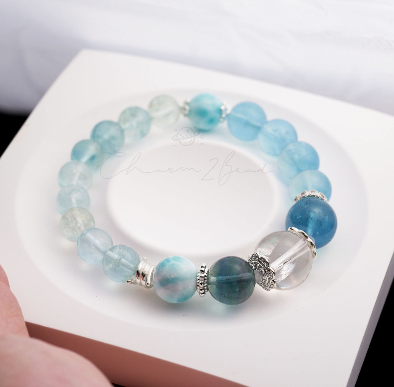 Precious Gemstone "Clear Water" Larimar, Aquamarine, Fluorite, Clear Quarts Handmade Original Design Bracelet