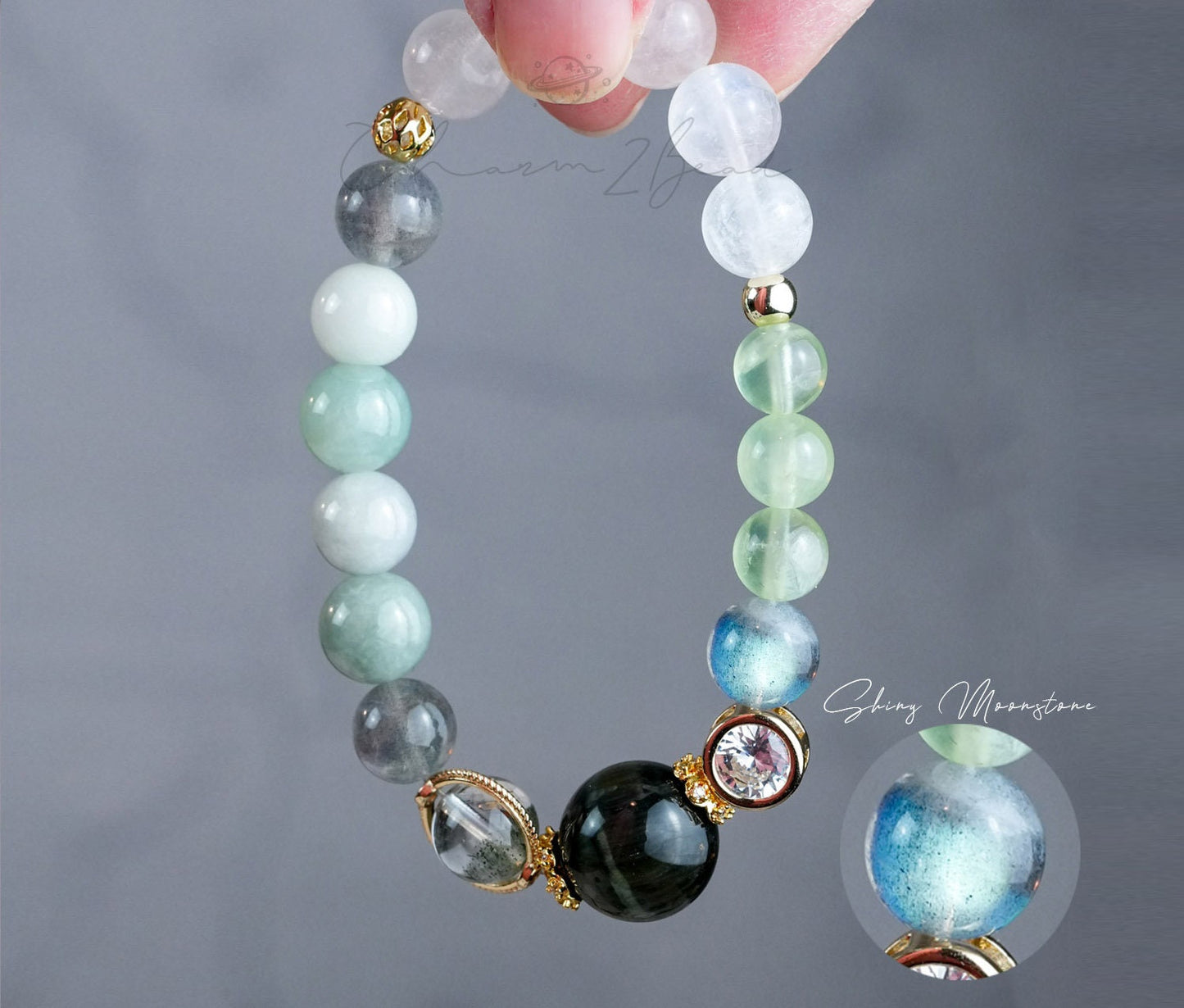 Precious Gemstone Green & White Jade, Moonstone, Tiger's Eye, Green Phantom Handmade Original Design Bracelet