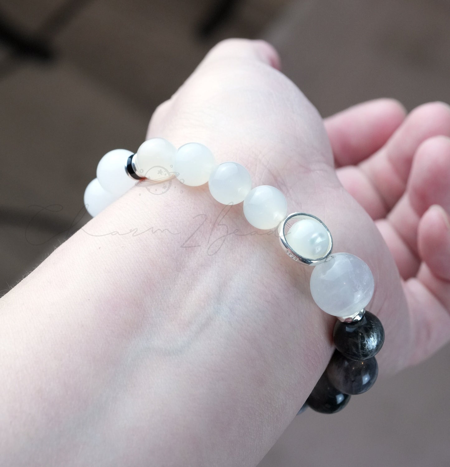Precious Gemstone Black & White Herkimer diamond, black rutilated quartz, Moonstone Handmade Original Design Bracelet