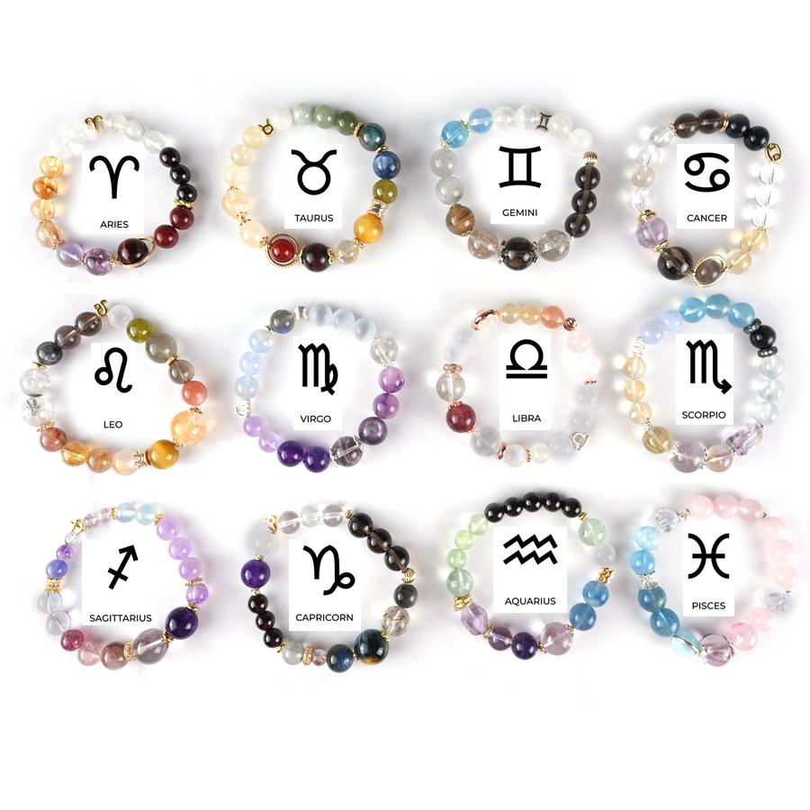 12 Horoscope Zodiac Crystal Bracelet - Elastic Astrology Jewelry Gift - Healing Gemstone Birthday Bracelet
