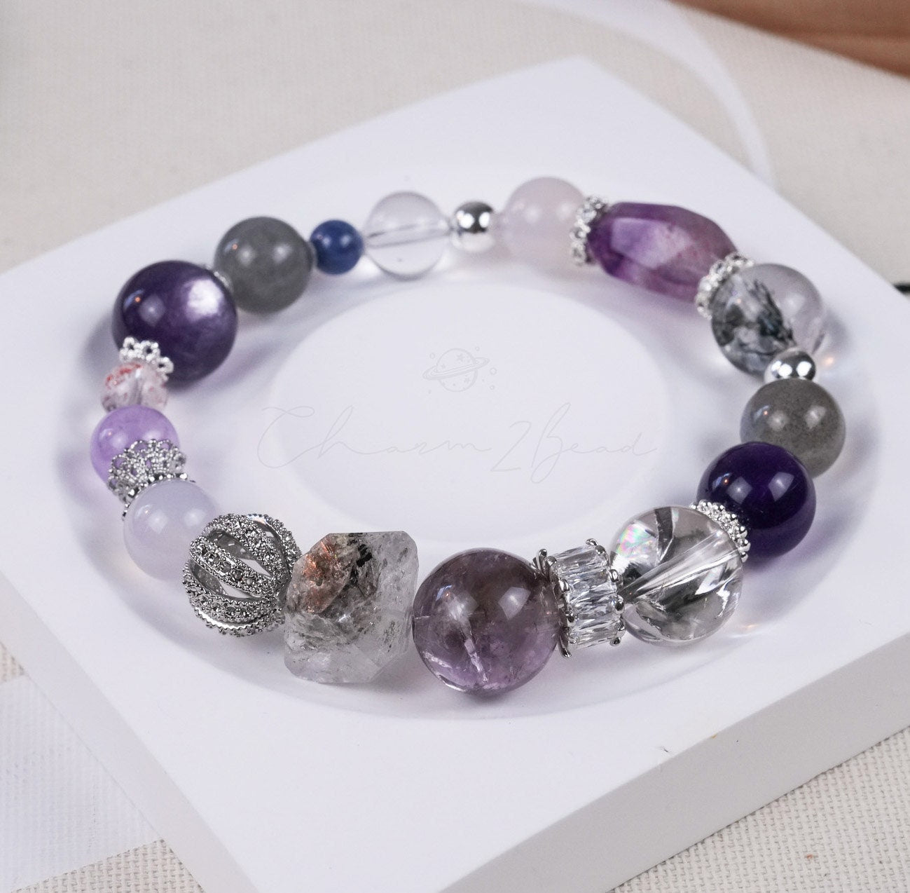 Precious Gemstone Purple & Silver Tanzanite, Purple Amethysy, Herkimer, Azeztulite, Lepidolites Handmade Original Design Bracelet