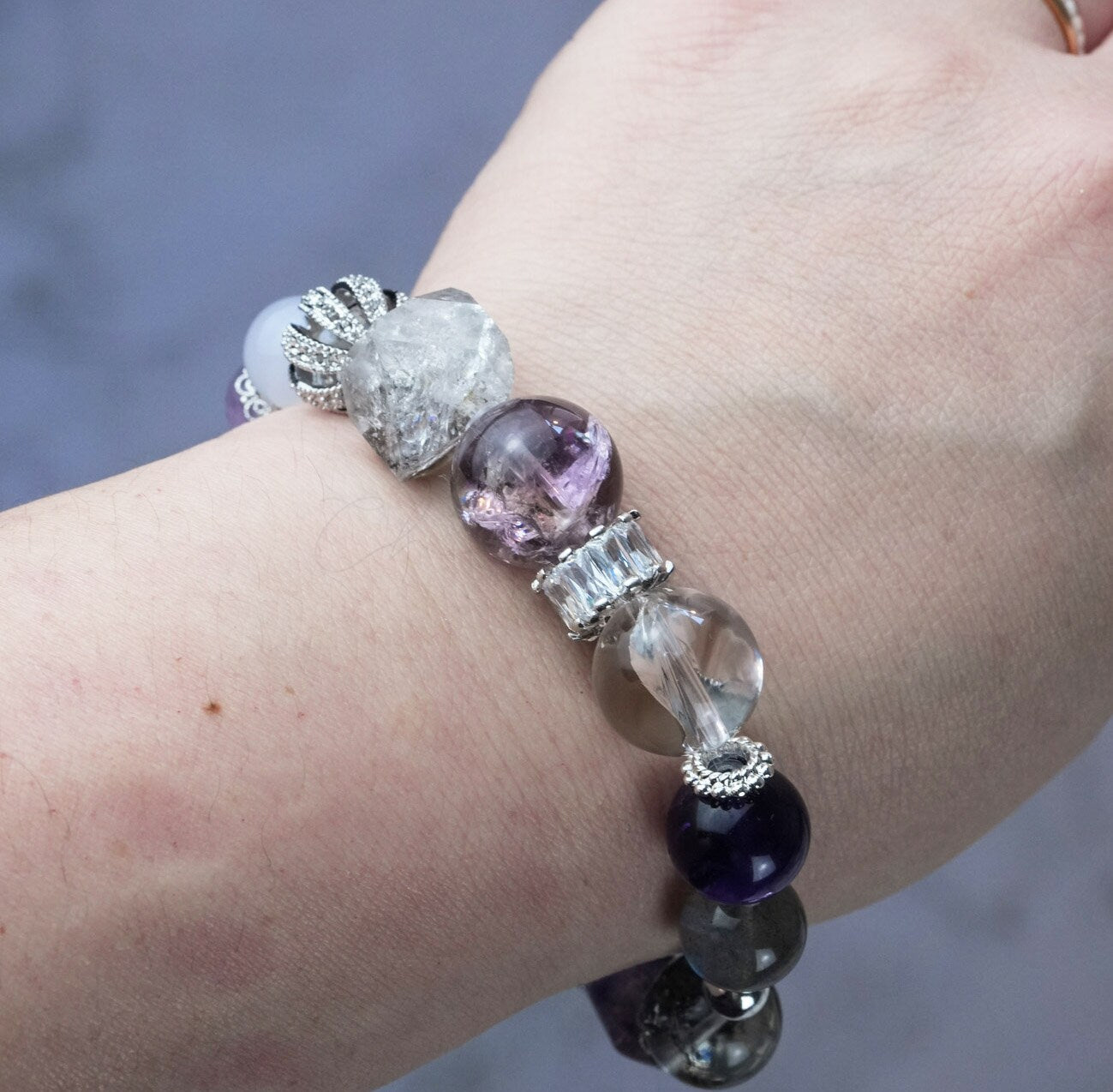 Precious Gemstone Purple & Silver Tanzanite, Purple Amethysy, Herkimer, Azeztulite, Lepidolites Handmade Original Design Bracelet