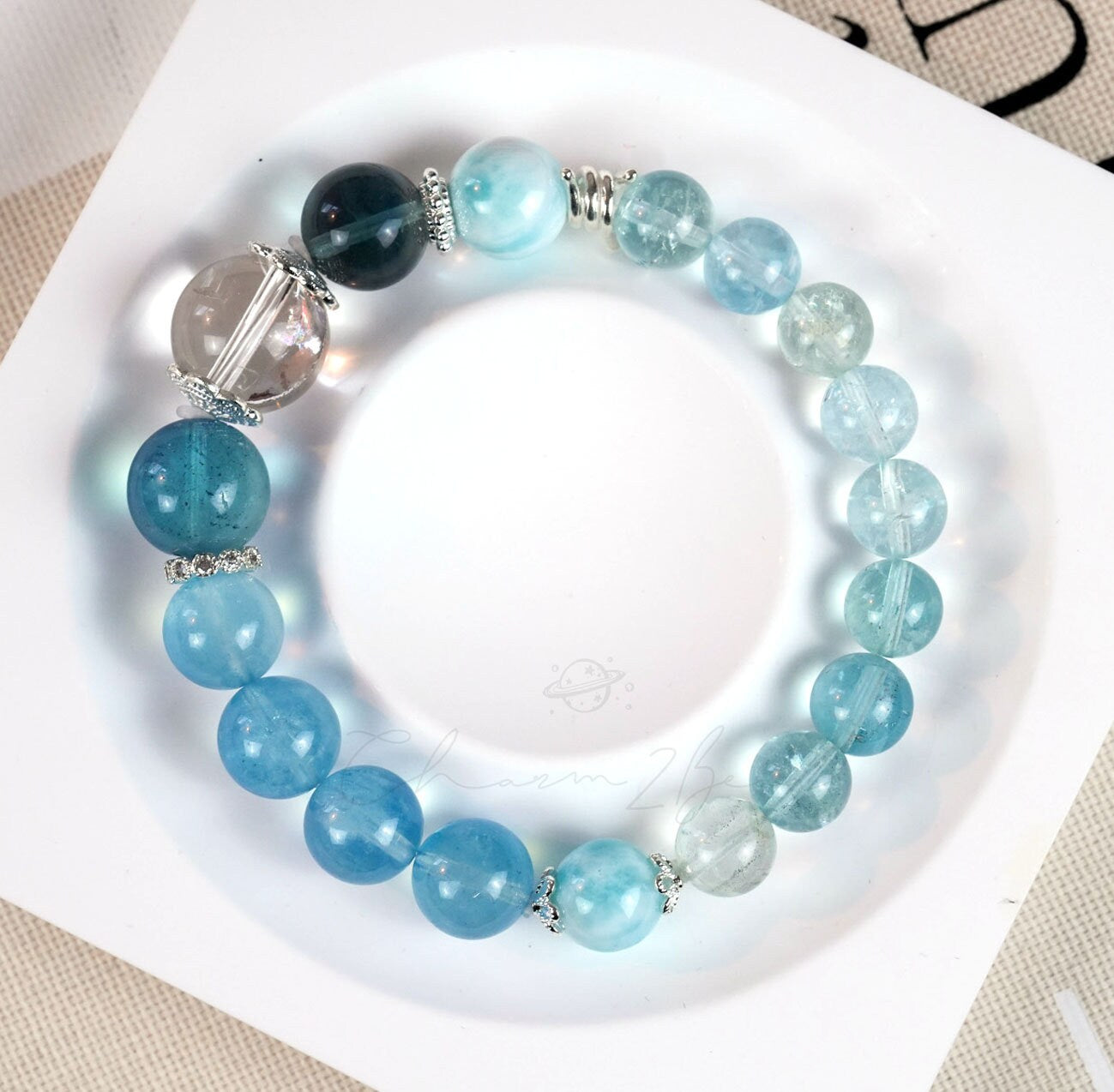 Precious Gemstone "Clear Water" Larimar, Aquamarine, Fluorite, Clear Quarts Handmade Original Design Bracelet
