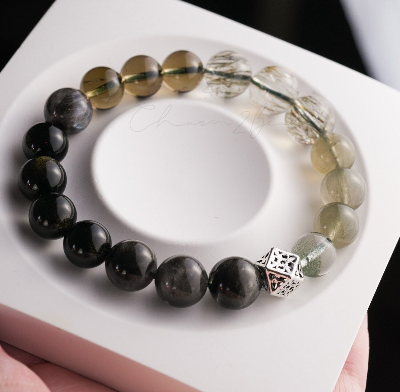 Precious Gemstone Dark Green & Black Powerful Combinations of Fortune Crystals Handmade Original Design Bracelet