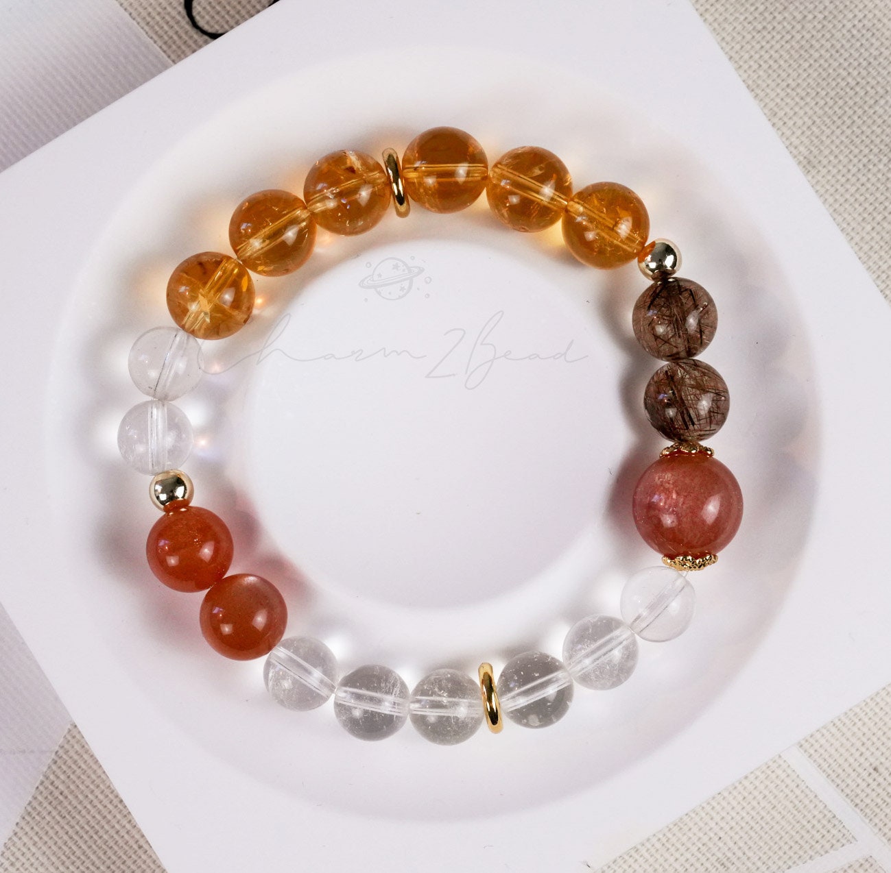 Precious Gemstone Orange & Clear Citrine, Clear Quartz, Peach Moonstone, Rutilated Handmade Original Design Bracelet