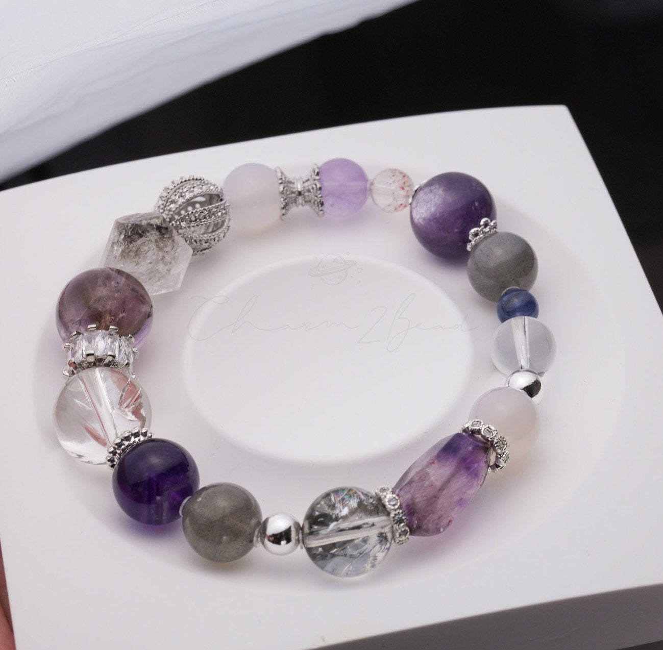 Precious Gemstone Purple & Silver Tanzanite, Purple Amethysy, Herkimer, Azeztulite, Lepidolites Handmade Original Design Bracelet