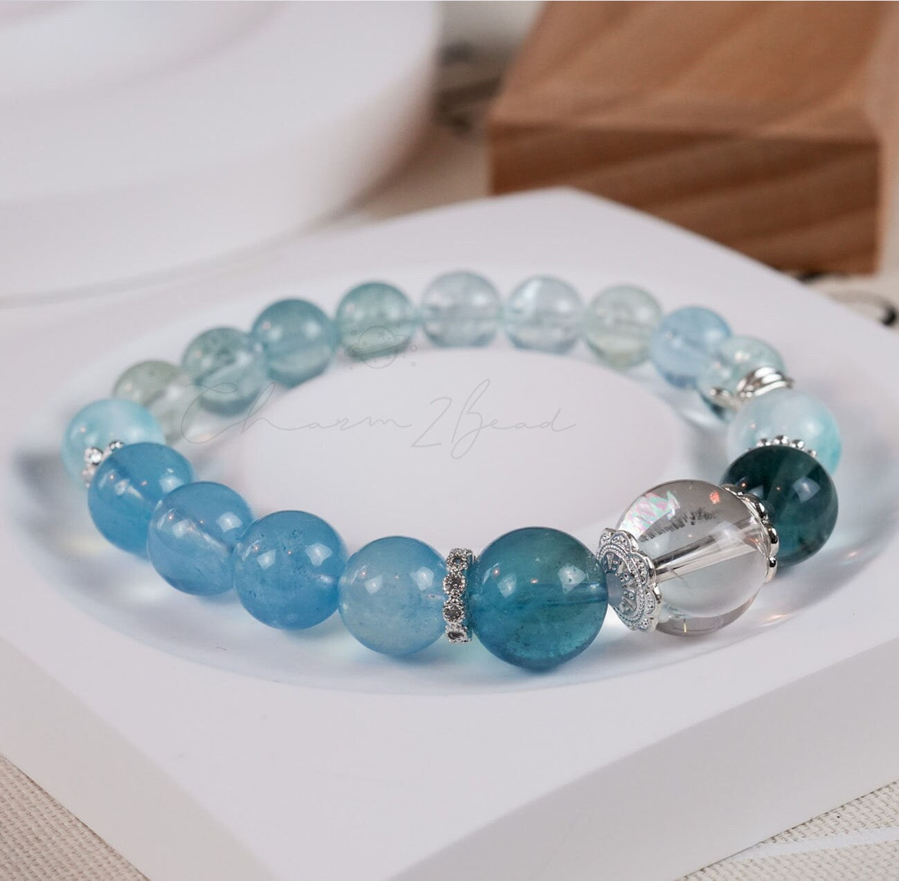 Precious Gemstone "Clear Water" Larimar, Aquamarine, Fluorite, Clear Quarts Handmade Original Design Bracelet