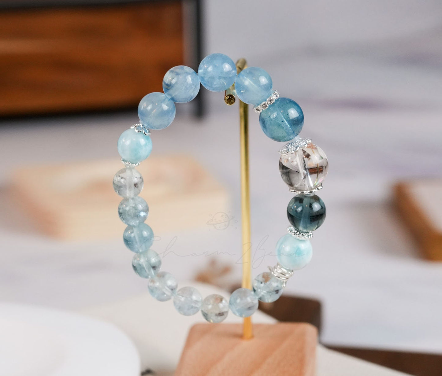 Precious Gemstone "Clear Water" Larimar, Aquamarine, Fluorite, Clear Quarts Handmade Original Design Bracelet