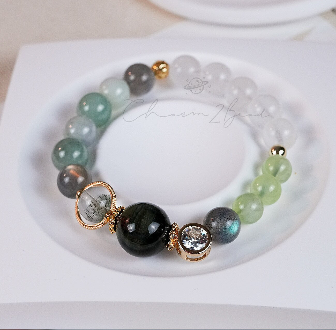Precious Gemstone Green & White Jade, Moonstone, Tiger's Eye, Green Phantom Handmade Original Design Bracelet