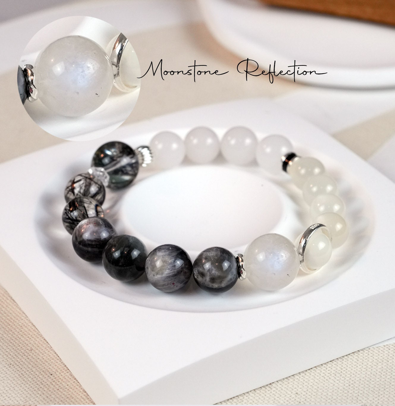 Precious Gemstone Black & White Herkimer diamond, black rutilated quartz, Moonstone Handmade Original Design Bracelet