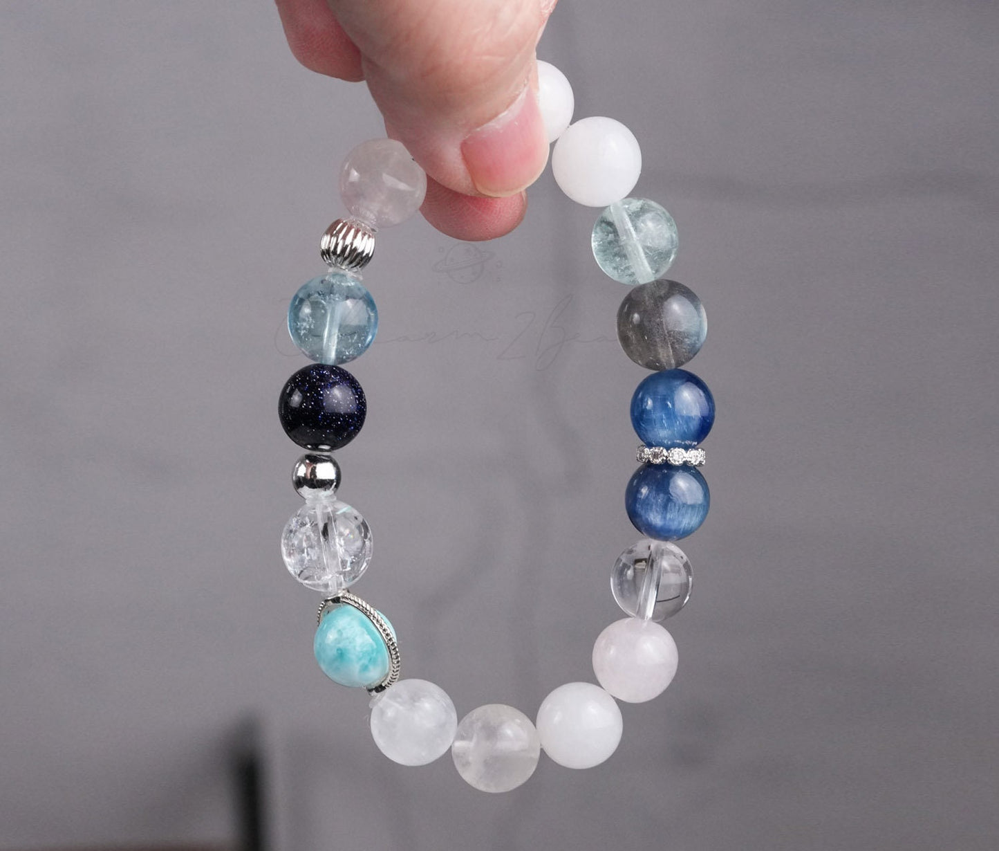 Precious Gemstone Blue & White Larimar, Aquamarine, Moonstone Handmade Original Design Bracelet