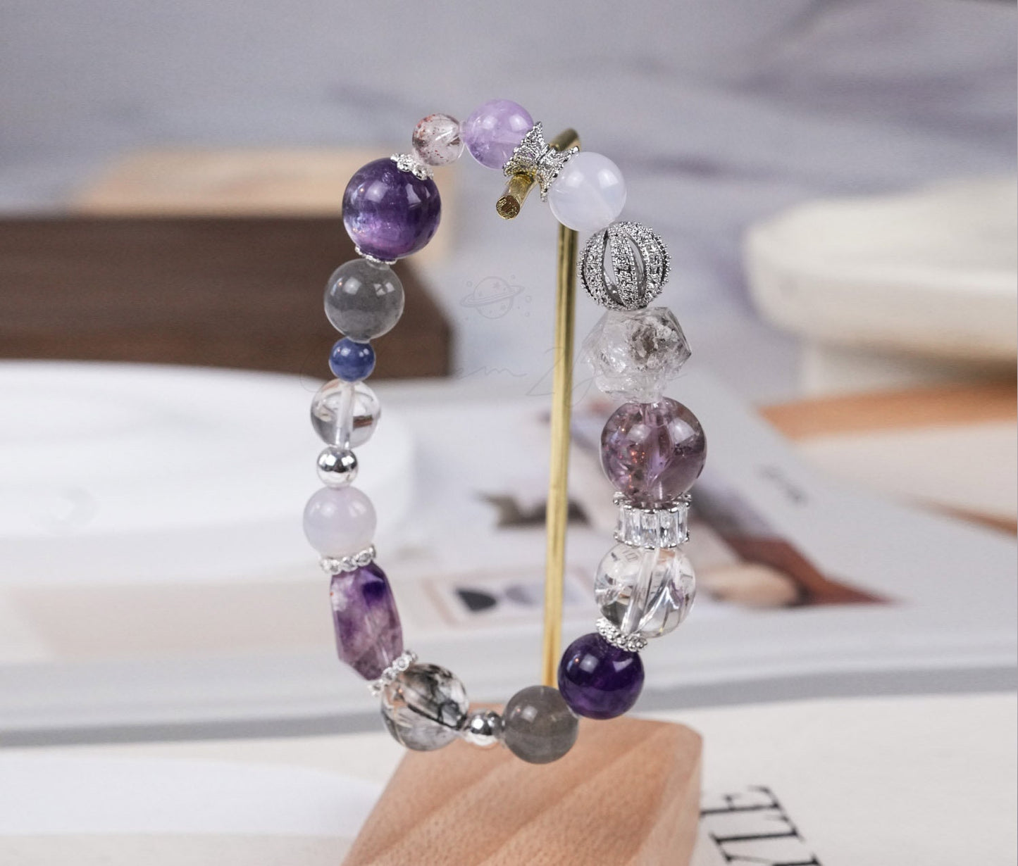Precious Gemstone Purple & Silver Tanzanite, Purple Amethysy, Herkimer, Azeztulite, Lepidolites Handmade Original Design Bracelet