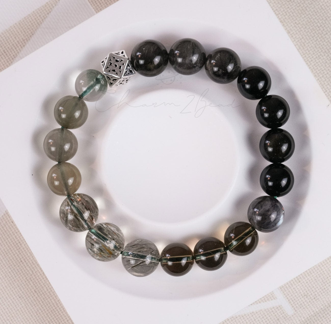 Precious Gemstone Dark Green & Black Powerful Combinations of Fortune Crystals Handmade Original Design Bracelet
