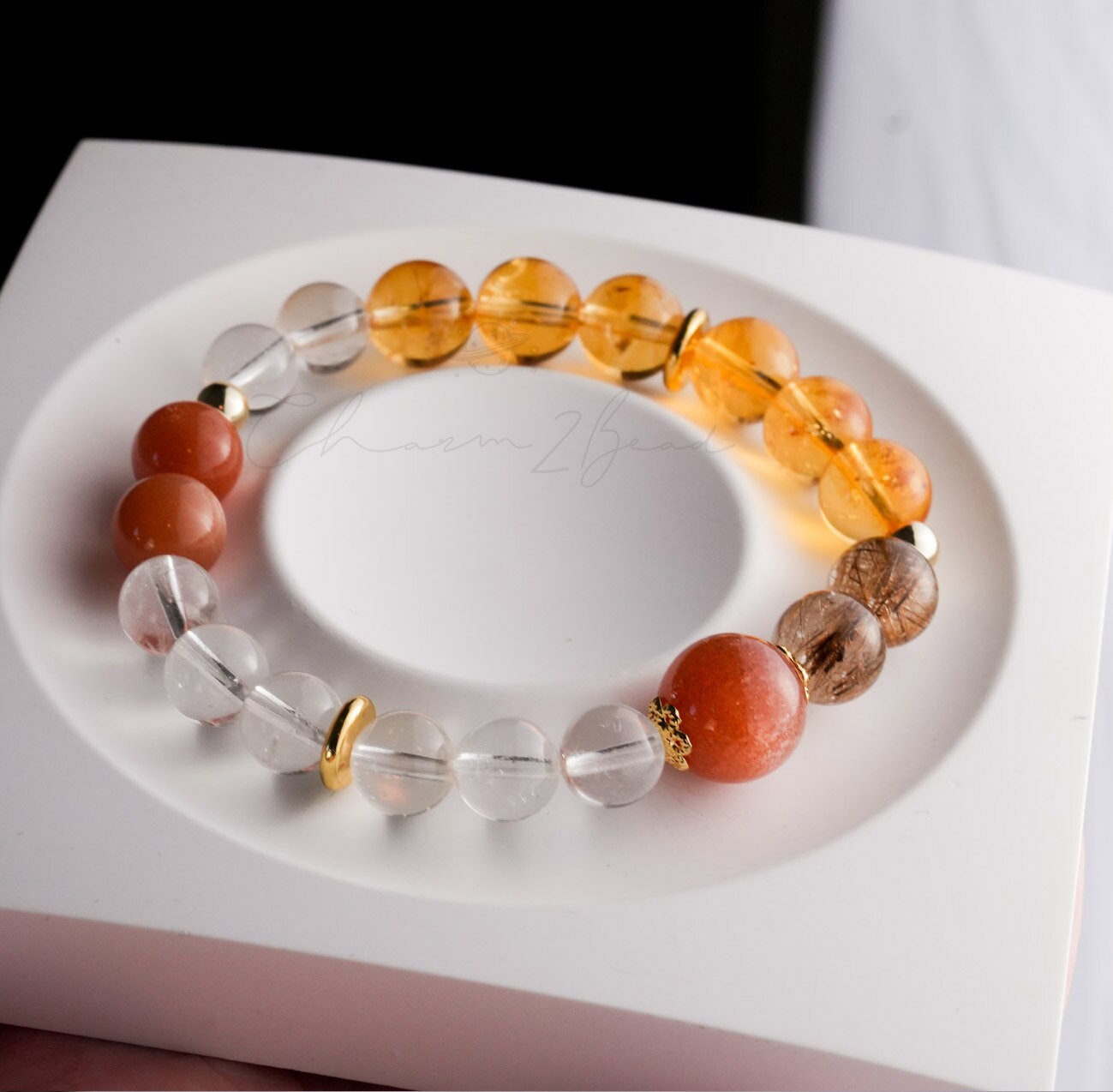 Precious Gemstone Orange & Clear Citrine, Clear Quartz, Peach Moonstone, Rutilated Handmade Original Design Bracelet