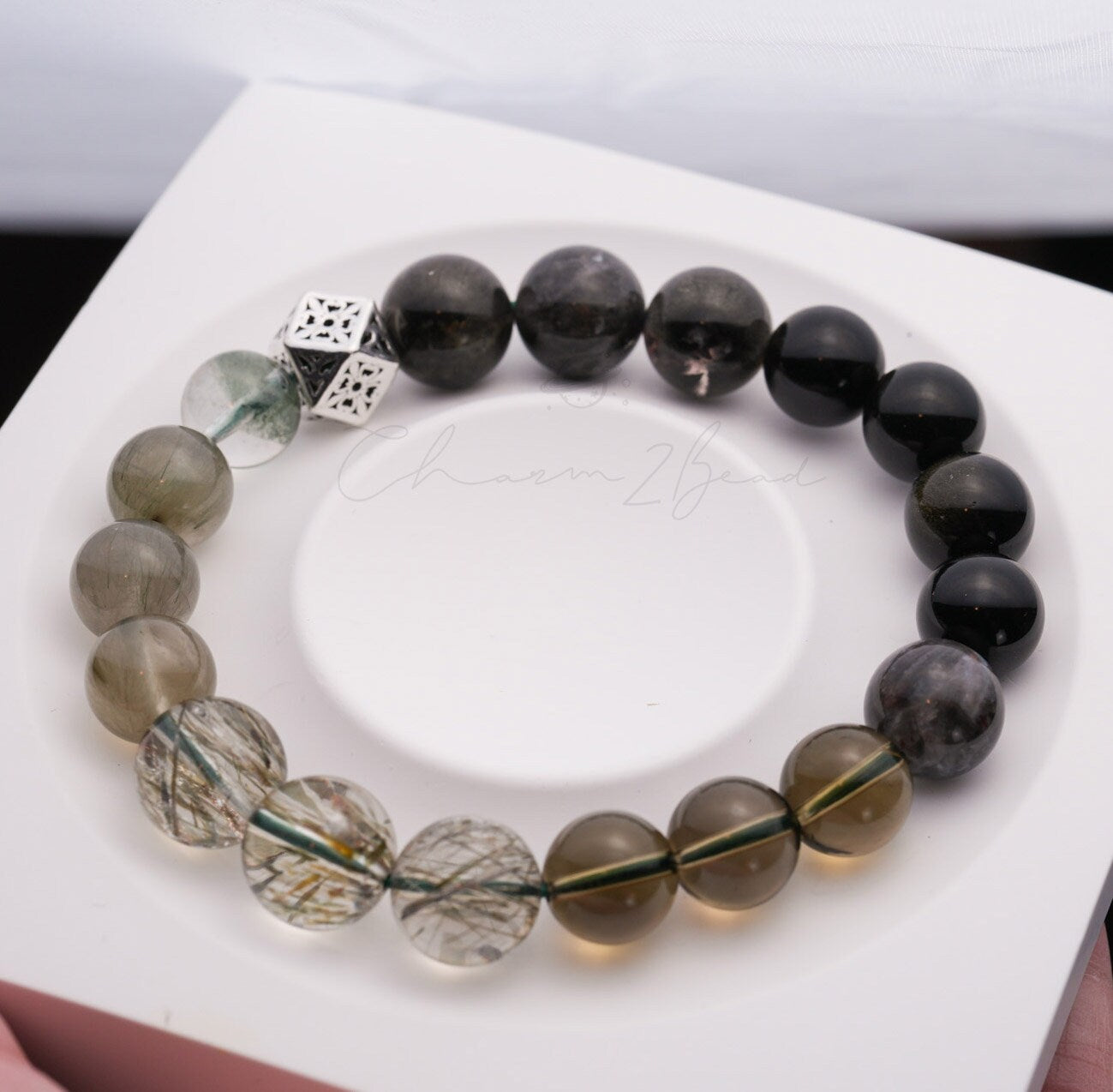 Precious Gemstone Dark Green & Black Powerful Combinations of Fortune Crystals Handmade Original Design Bracelet