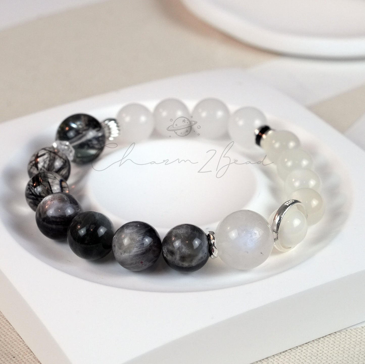 Precious Gemstone Black & White Herkimer diamond, black rutilated quartz, Moonstone Handmade Original Design Bracelet