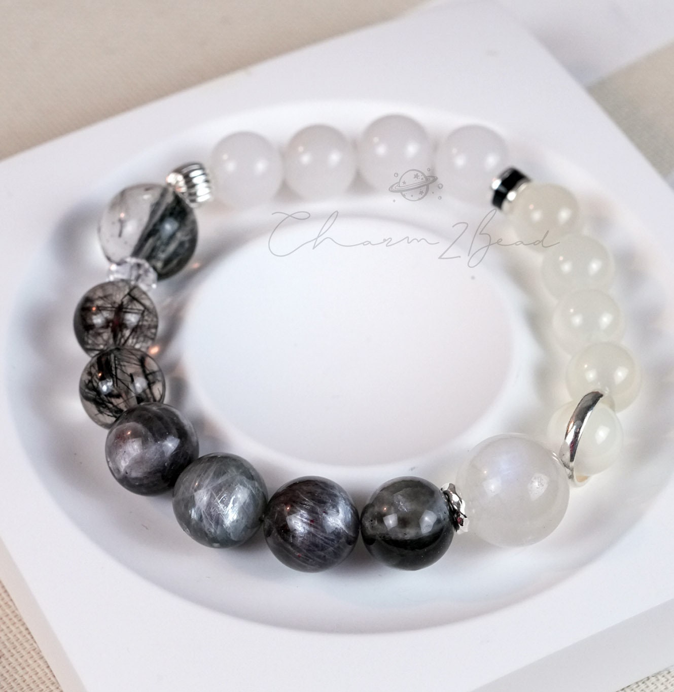Precious Gemstone Black & White Herkimer diamond, black rutilated quartz, Moonstone Handmade Original Design Bracelet