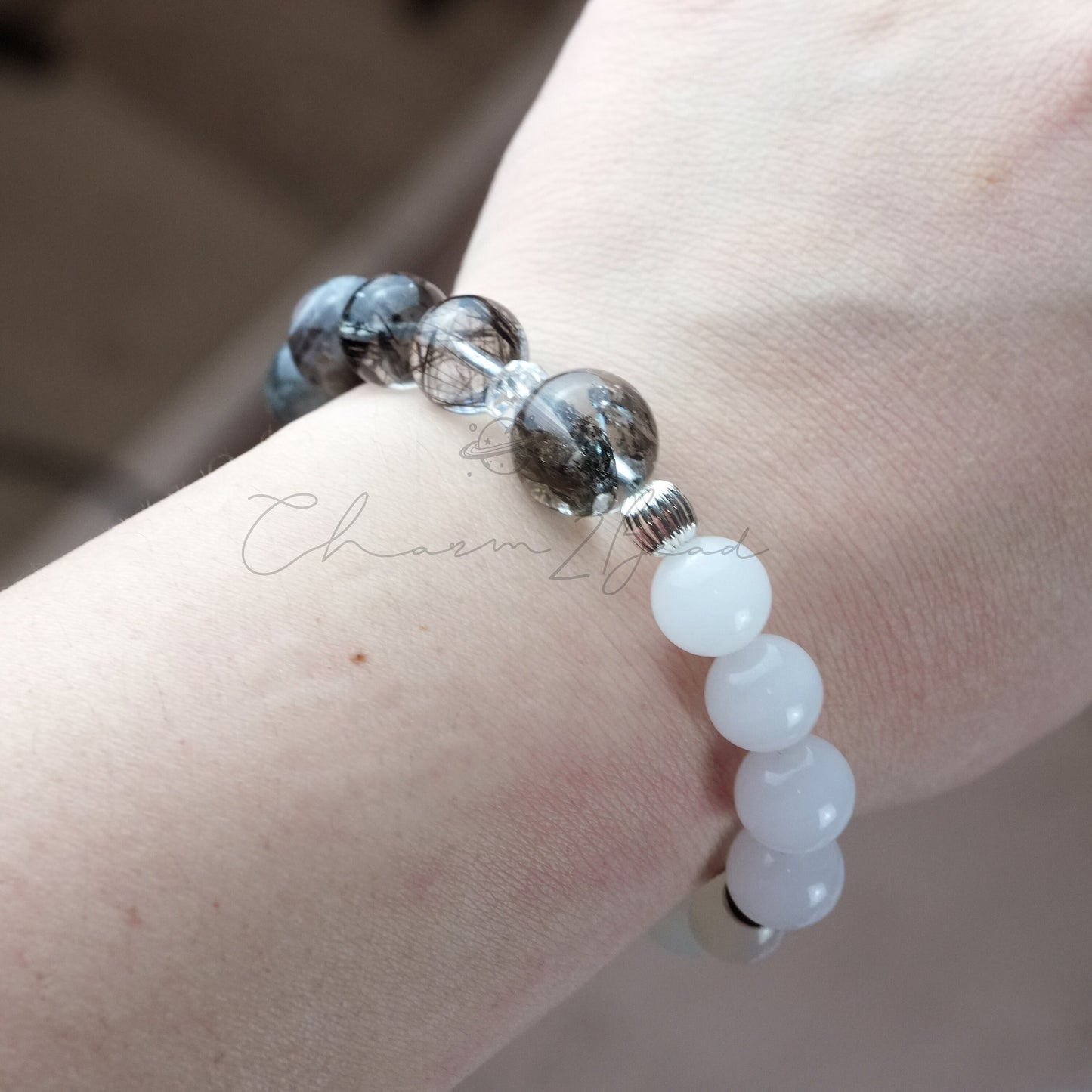 Precious Gemstone Black & White Herkimer diamond, black rutilated quartz, Moonstone Handmade Original Design Bracelet