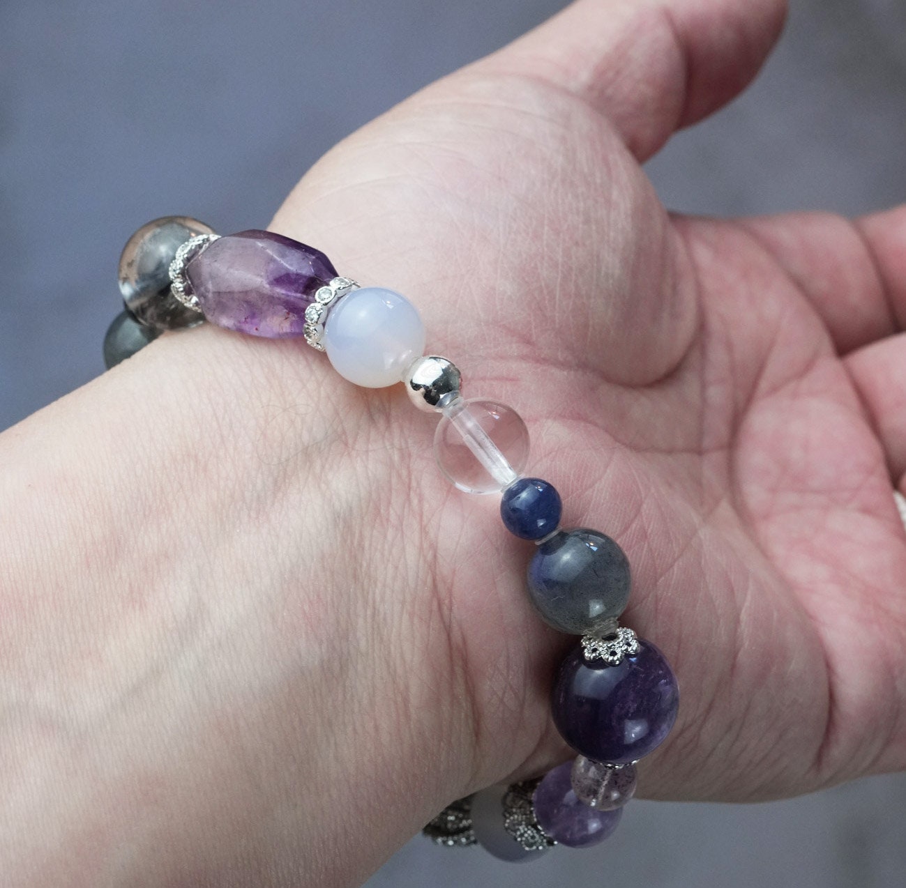 Precious Gemstone Purple & Silver Tanzanite, Purple Amethysy, Herkimer, Azeztulite, Lepidolites Handmade Original Design Bracelet