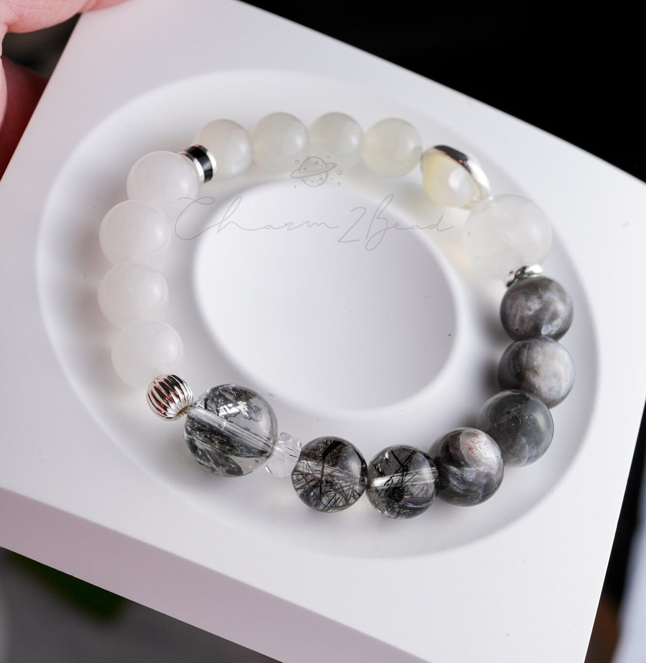 Precious Gemstone Black & White Herkimer diamond, black rutilated quartz, Moonstone Handmade Original Design Bracelet