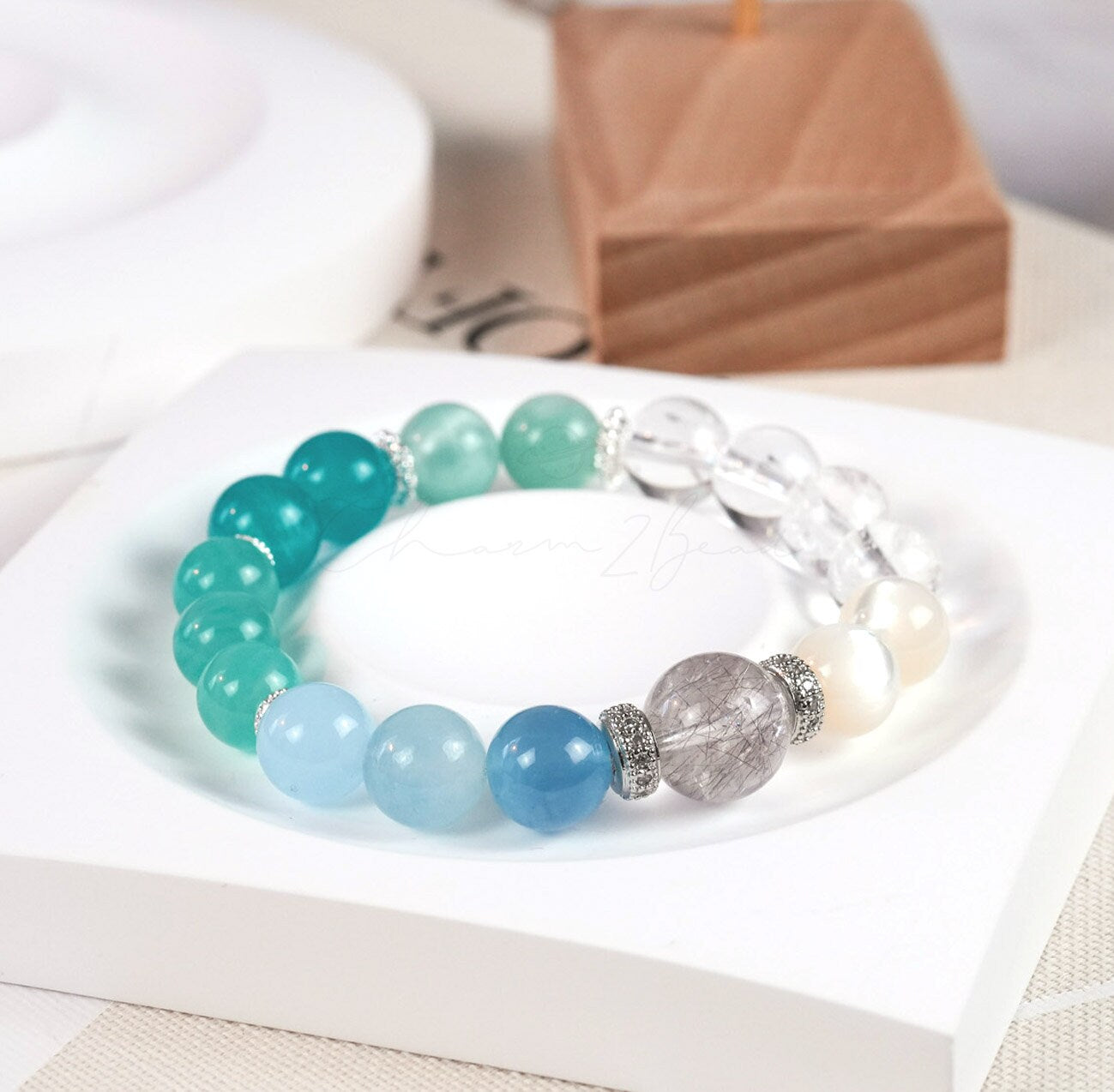 Precious Gemstone Mint & Blue Amazonite, Mother of Pearl, Azeztulite, Aquamarine Handmade Original Design Bracelet