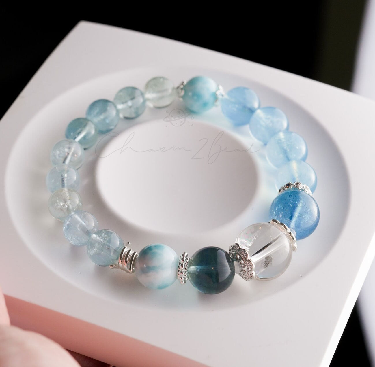 Precious Gemstone "Clear Water" Larimar, Aquamarine, Fluorite, Clear Quarts Handmade Original Design Bracelet