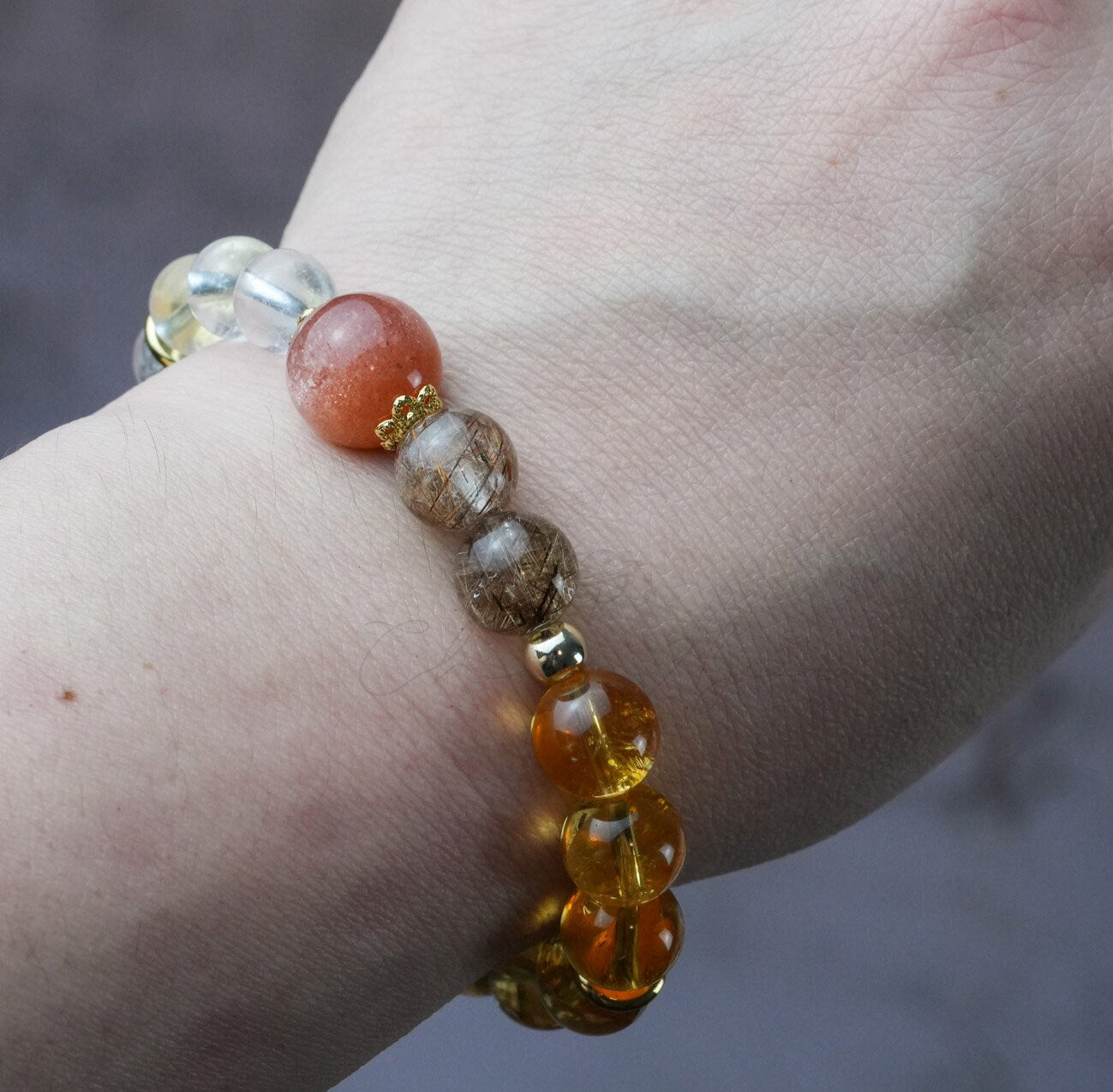 Precious Gemstone Orange & Clear Citrine, Clear Quartz, Peach Moonstone, Rutilated Handmade Original Design Bracelet