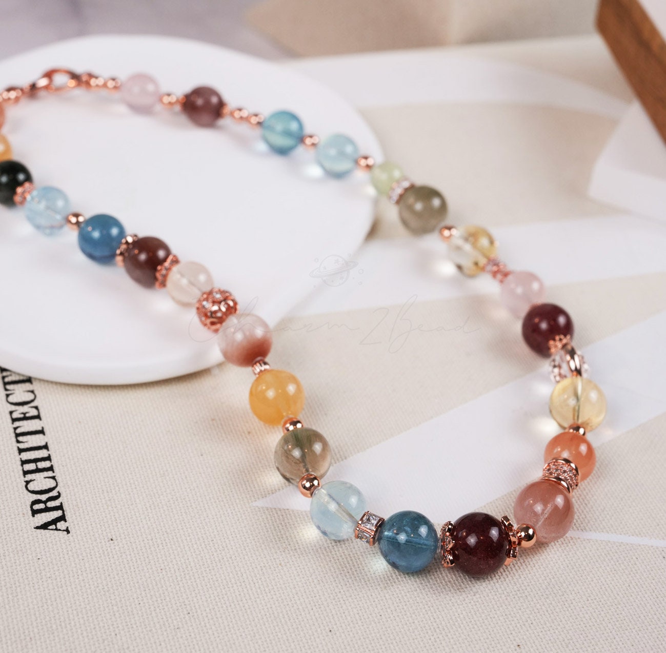 Crystals Necklace with Rose Gold Accent Precious Gemstone Natural Crystals Handmade Original Design Necklace