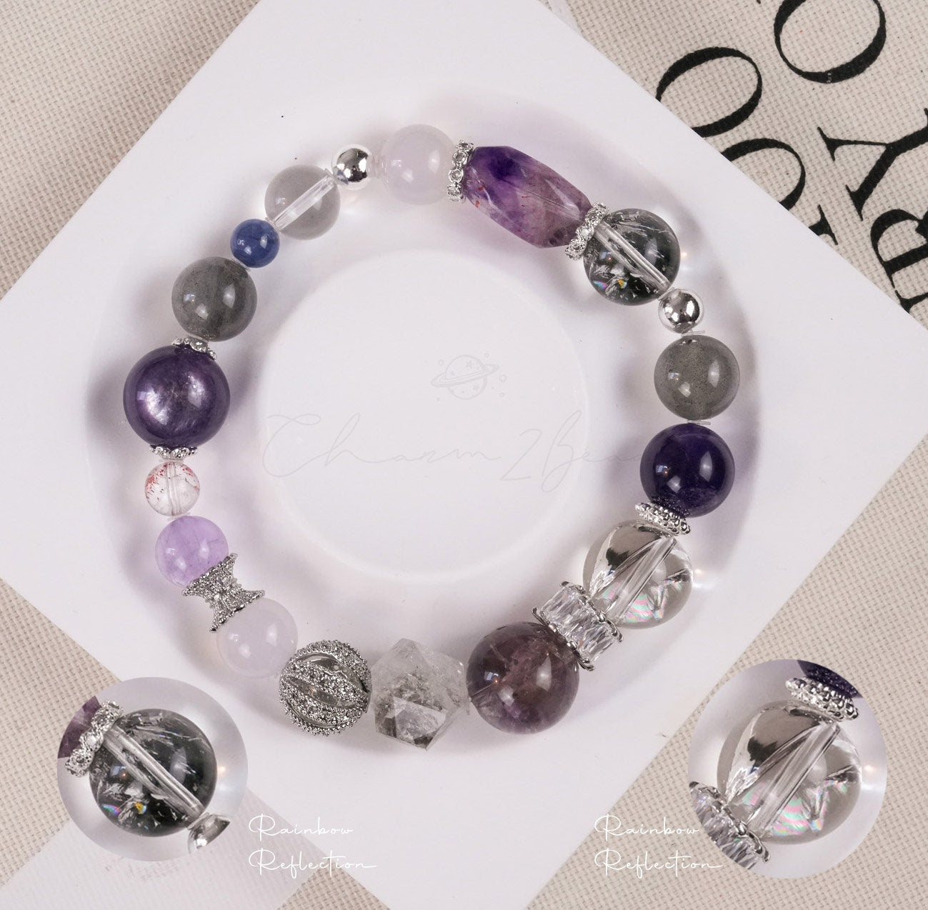Precious Gemstone Purple & Silver Tanzanite, Purple Amethysy, Herkimer, Azeztulite, Lepidolites Handmade Original Design Bracelet