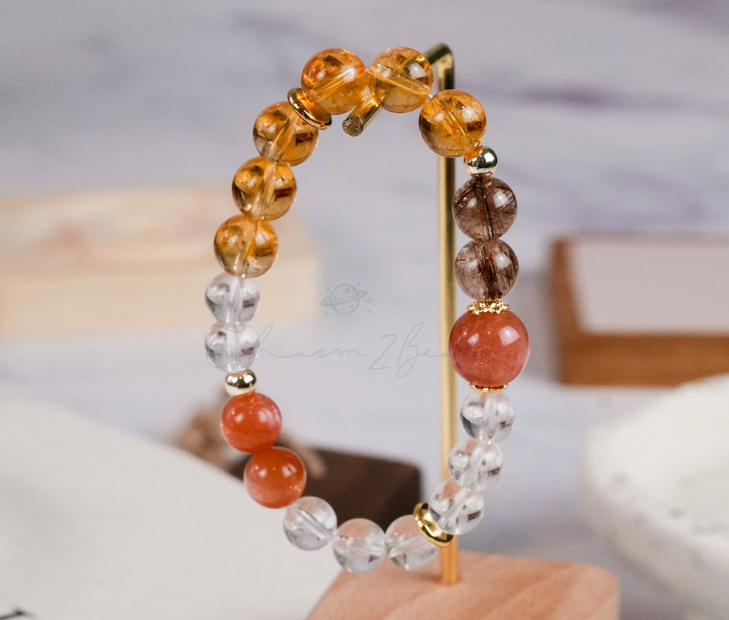 Precious Gemstone Orange & Clear Citrine, Clear Quartz, Peach Moonstone, Rutilated Handmade Original Design Bracelet