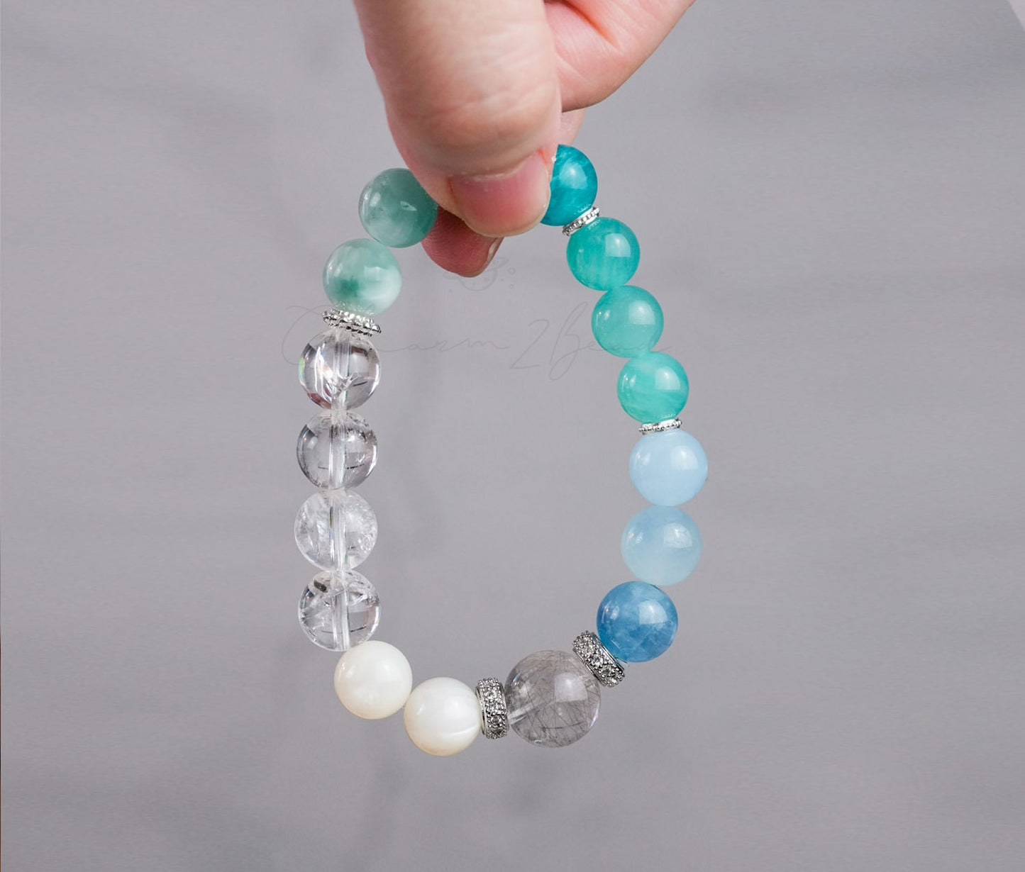 Precious Gemstone Mint & Blue Amazonite, Mother of Pearl, Azeztulite, Aquamarine Handmade Original Design Bracelet