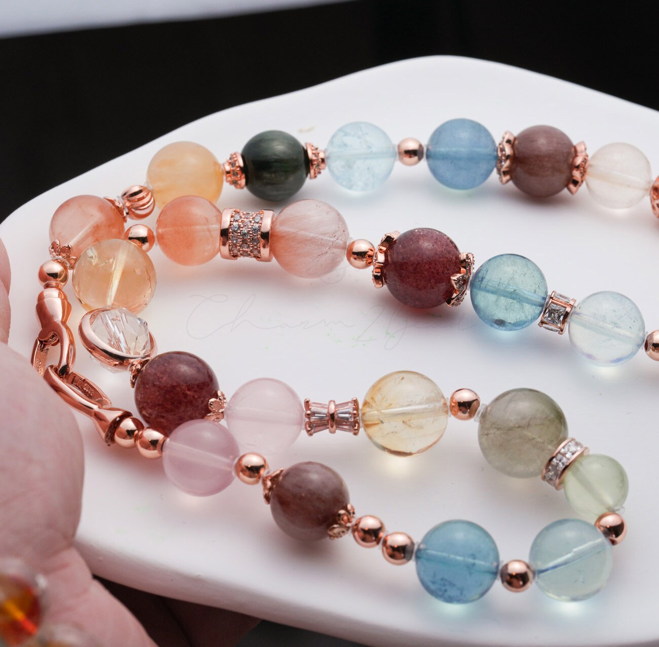 Crystals Necklace with Rose Gold Accent Precious Gemstone Natural Crystals Handmade Original Design Necklace
