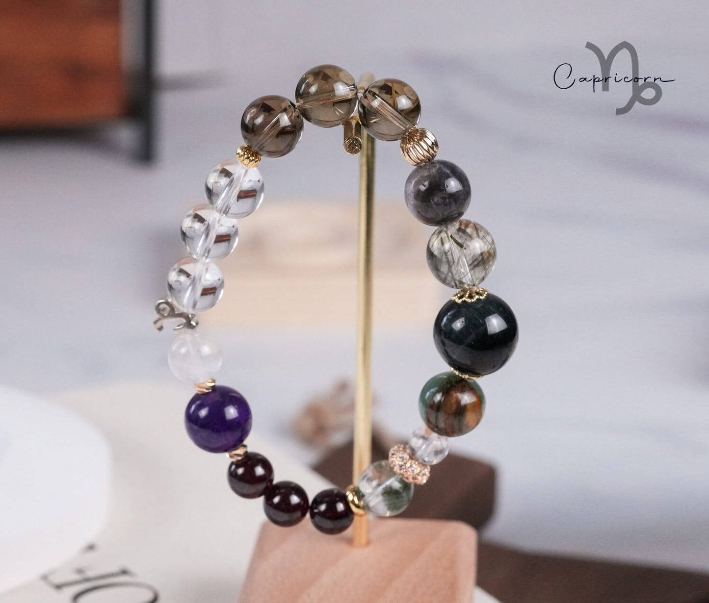 Capricorn Horoscope Lucky Guardian Crystal Natural Gemstone Bracelet Handmade Original Design on Elastic Band