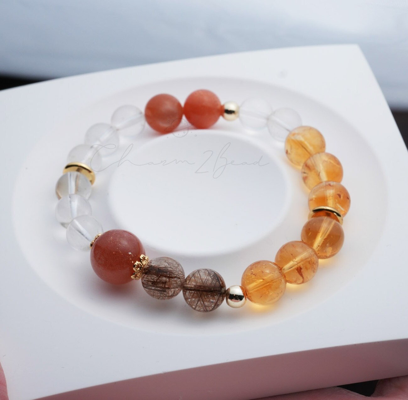 Precious Gemstone Orange & Clear Citrine, Clear Quartz, Peach Moonstone, Rutilated Handmade Original Design Bracelet