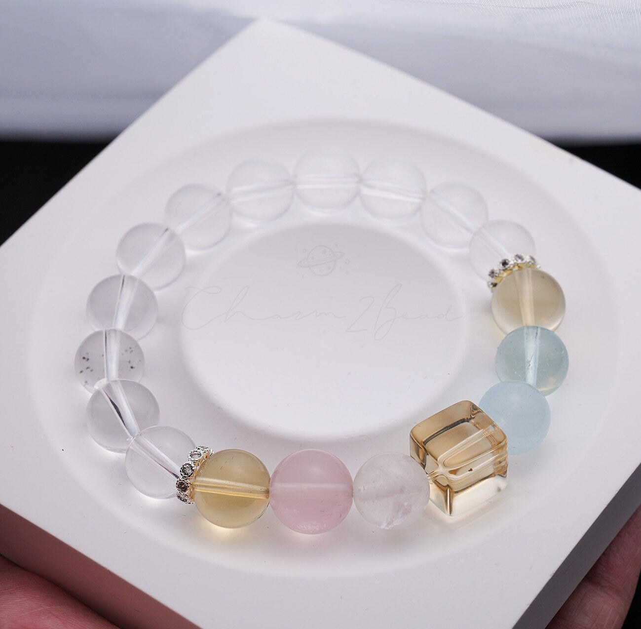 Precious Gemstone Clear Yellow Citrine Quartz, Clear Quartz, Rose Quartz, Aquamarine, Morganite Handmade Original Design Bracelet